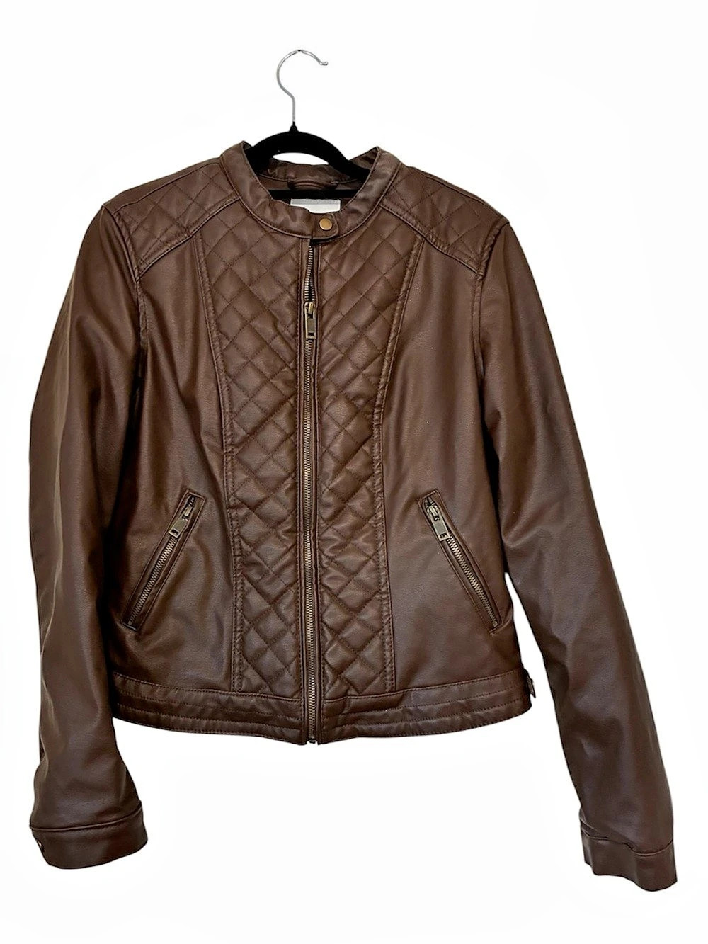Miss Selfie Quilted Faux Leather Jacket Brown Large